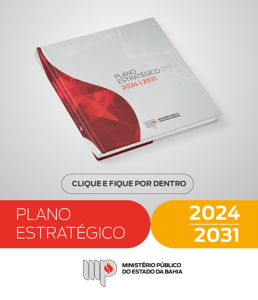 Há uma imagem em computação gráfica do livro Plano Estratégico 2024-2031 e abaixo um botão Clique e conheça.