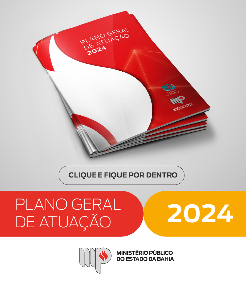Há uma imagem em computação gráfica do livro Plano Geral de Atuação 2024 e abaixo um botão Clique e conheça.