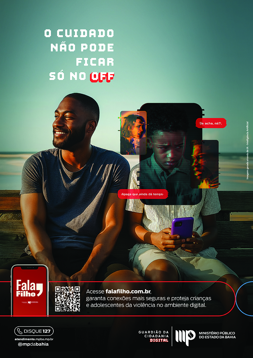 Imagem de um homem negro sorrindo sentado ao lado do filho, que está olhando o celular e sofrendo bullying, sem que o pai perceba.

Texto: O cuidado não pode ficar só no off.

Acesse falafilho.com.br, garanta conexões mais seguras e proteja crianças e adolescentes da violência no ambiente digital.

Assina MP